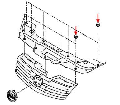 scheme of fastening of the radiator grille of the Nissan Almera G15